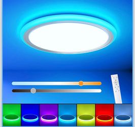 RGB Led Flush Mount Ceiling Light With Remote Control, 13Inch 24W 2400LM 3000K-6500K Dimmable Color Changing Wired Light Fixture For Bedroom Kids Room