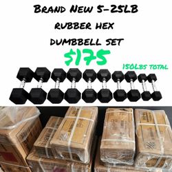 NEW RUBBER HEX DUMBBELLS 150LB SET 5-25LB DUMBBELL WEIGHTS