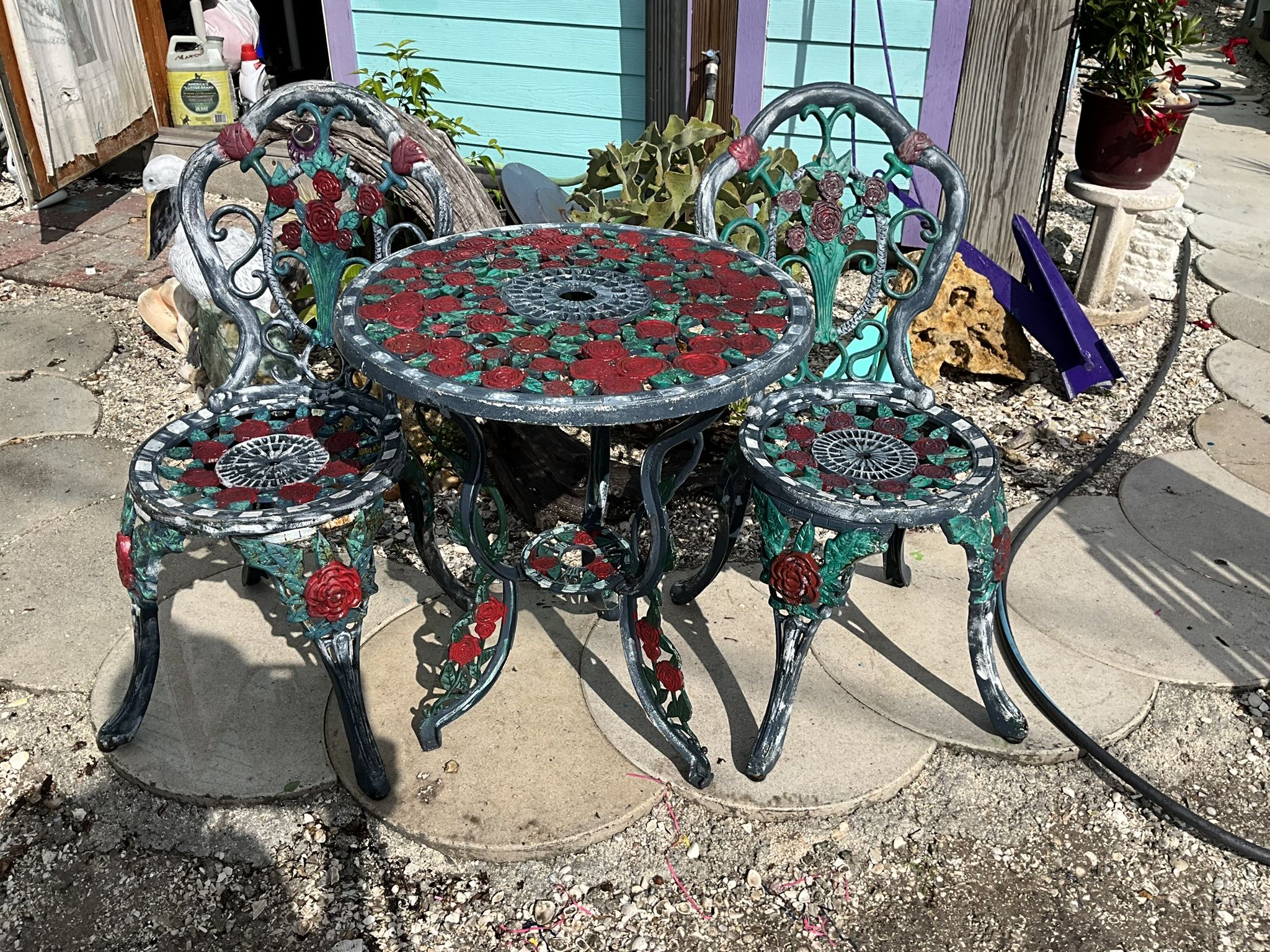 Antique Cast Iron Table And Chairs, Rose Theme