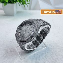Men s Luxury Iced Moissanite Watch Silver Tone Full Stone Set Quartz
