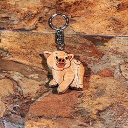 Handcrafted Esquisite Intarsia Oink Oink Piggie Theme key Chain • Beautifully Handcrafted From A Variety Of Timbers  • Measures  : 2"-L X 1/2"-W X 2"-