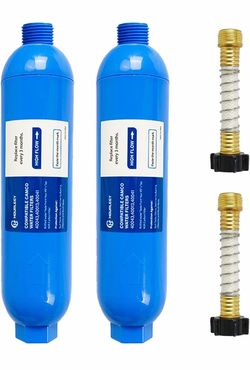 Hourleey 2 Pack RV Inline Water Filter with 2 Flexible Hose Protector, Reduce Bad Taste, Odors, Rust