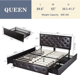 Queen Upholstered Platform Bed Frame with Storage Drawers