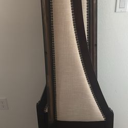 Najarian Furniture Dark Wood Platform Bed Frame with Nailhead Trim & Beige Upholstery