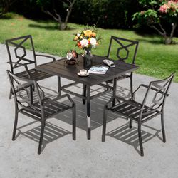 Outdoor Dining Set,Dining Table W/ Umbrella Hole+ 4 Stackable Metal Chairs/ Juego de comedor para terraza