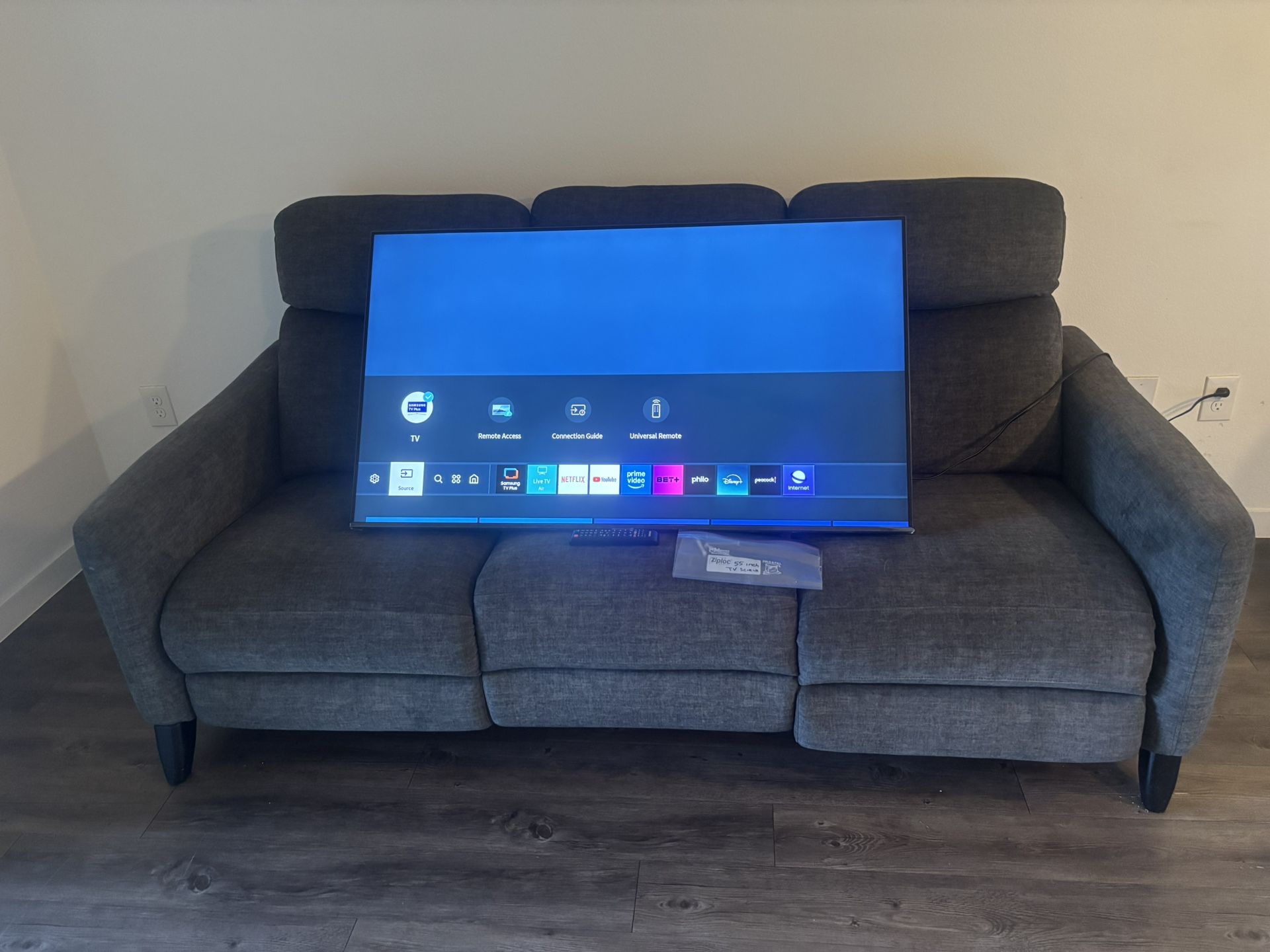 Samsung 55 Inch Tv Full Motion Mount Attached With Remote & Electric Sofa With Portable Phone Charger