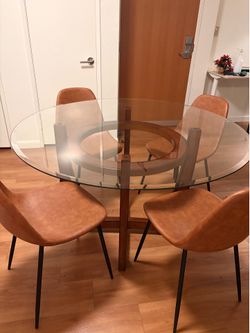 Round Glass Dining Table (48”) with Wood Base + 4 chairs