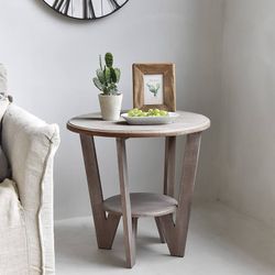 Rustic Farmhouse end Table with Storage Shelf, French Country Accent Side Table for Family, Dinning or Living Room, Small Spaces, Modern, Round, Vinta