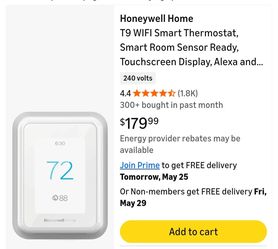 Honeywell Home T9 WIFI Smart Thermostat, Smart Room Sensor Ready, Touchscreen Display, Alexa and Google Assist $75