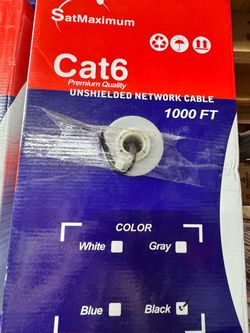 4 in stock gray 1000ft Cat6 UTP Bulk Ethernet Cable – Solid, 23AWG, CCA, 550MHz, Pull Box. Black