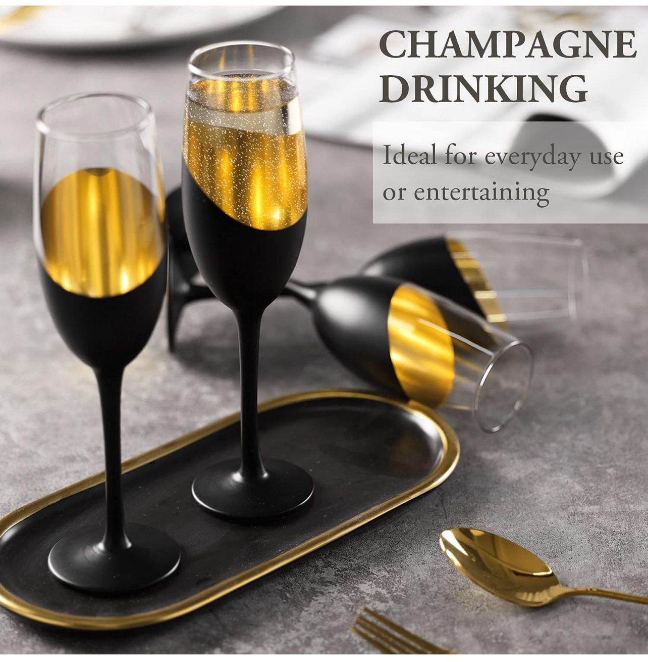 Modern Stemmed Champagne Flute Glass Set Of 4 With Black And Gold Plated Design, Bachelorette Toasting Glasses Party And Wedding Wine Glass, 8