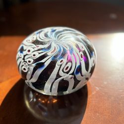 Art Glass Large And Heavy Paperweight With Swirls And Iridiscent Background