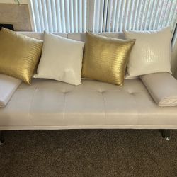 White Futon Couch Sofa With 3 Pillows
