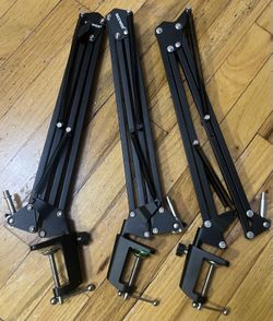 (3) Microphone Arm Stand, Suspension Boom Scissor Mic Arm Stand + Mic Adapters- Used, Work Great