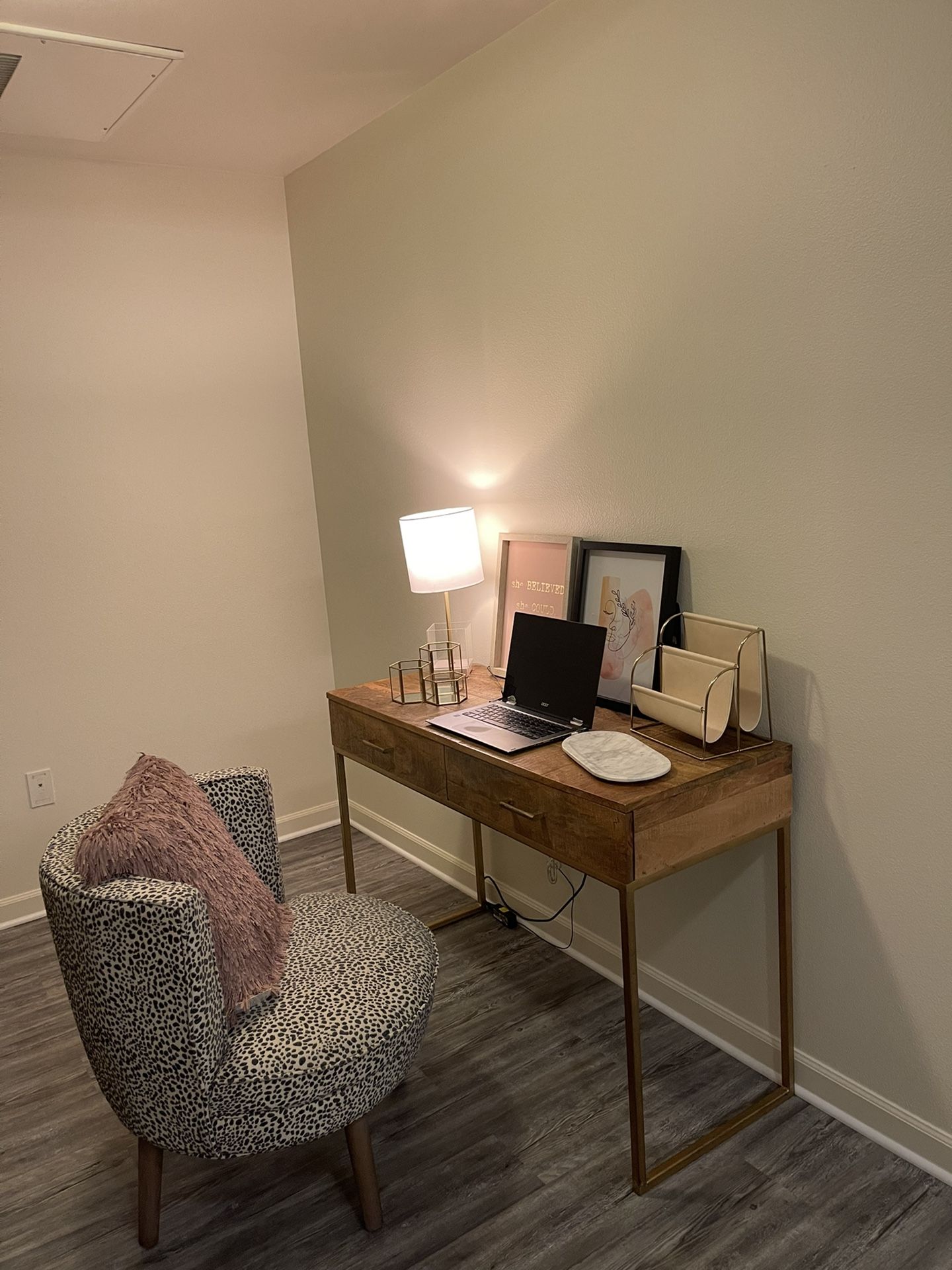 Wood Desk + Leopard Accent Chair