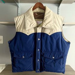 Men’s Vintage 90’s Adventure Gear Puffer Vest. Size XL. Double Layer Down Full Zip. Color block, Blue/Brown. Absolute excellent condition like new zer