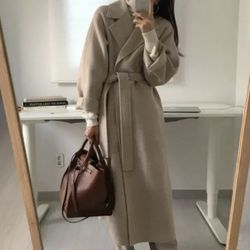 Long Wool Coats Women Midi Waist Lace Up Belt Full Sleeve Cardigan Solid Thick Warm Jacket