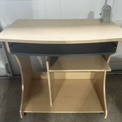 Light Wooden Computer Desk with Pull-Out Keyboard and lower shelves