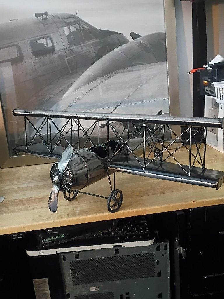 Vintage Flight II by Janet Van Arsdale Framed Photographic Print and Metal Model Biplane, Man Cave, Aviation Collector, Vintage Airplane, Airplane Col