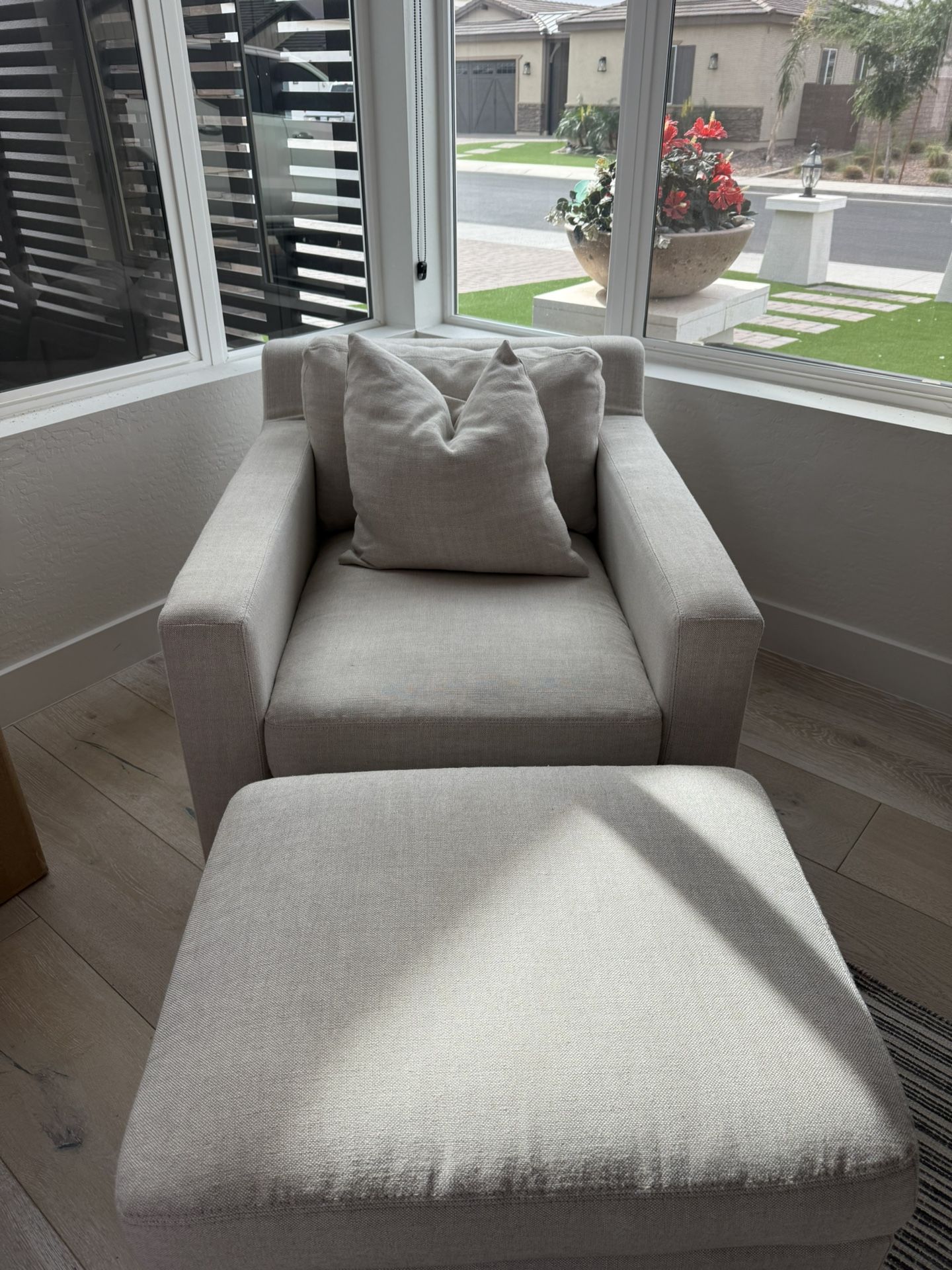 Beautiful Linen Lounge Chair And Ottoman. Perfect Condition.