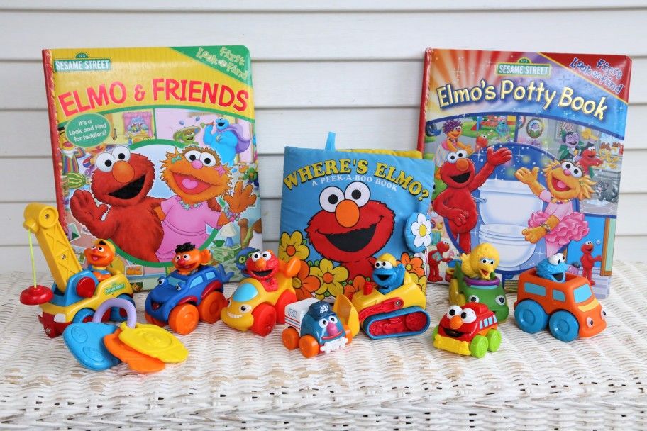 Sesame Street Vintage Toys & Book Set - Squeezie Cars, Soft Take-a-long Book, Baby Keys, Search 'n Find Book, Elmo, Big Bird, Cookie Monster, Etc.