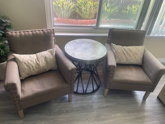 Pair of Tufted Accent Chairs with metal coffee table