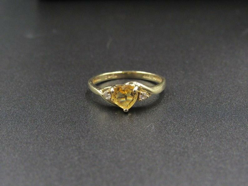 Size 7.25 10K Gold Citrine & CZ Diamond Heart Band Ring Vintage Estate Wedding Engagement Anniversary Gift Idea Beautiful Elegant Unique