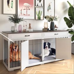Wooden Dog Kennel with Room Divider and 2 Drawer