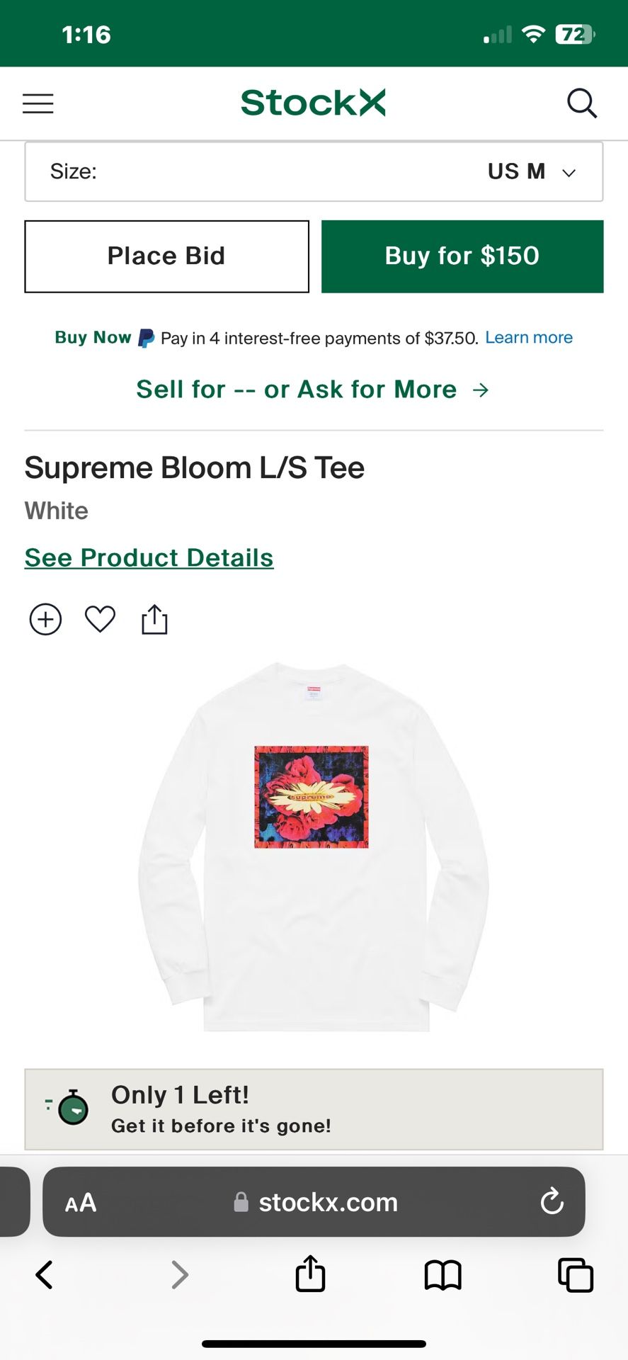 Supreme Bloom L/S Tee White Size M Season FW17