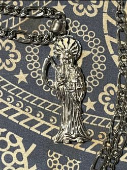 Sterling silver Santa Muerte pendant on stainless steel chain 26"