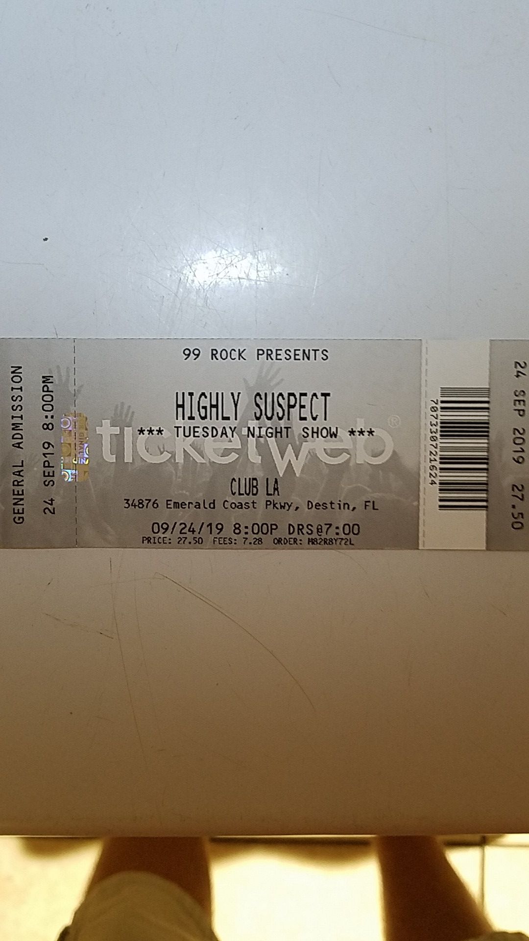 Two tickets to see highly suspect and Club LA in Destin tonight at 7 p.m. I'll let him go at the lowest 50 bucks I paid 70 full price