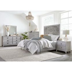 New & in original box Queen 6 Piece Bohemian Bedroom Set in gray white washed