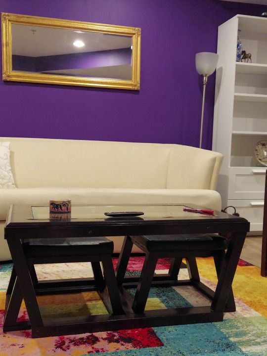 Black Coffee Table With 2 Stools And Glass Top