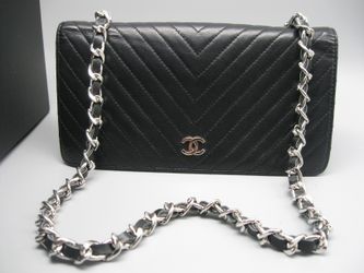 Authentic Chanel Black Chevron Lambskin Leather CC Long Full Flap Bag Wallet