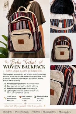 Boho Tribal Woven Backpack | Earthy Hemp & Cotton Travel Bag | Festival Style Multi-Pocket Daypack | Handmade Look Neutral & Colorful