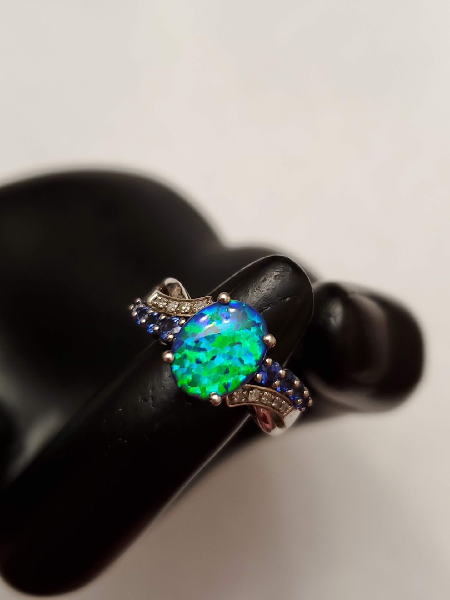 Sterling Silver Simulated Green Opal, Created Ceylon Sapphire & Moissanite Stones Size 6.5