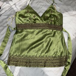 Arden B LUXE (NWT) Boho Halter Top Size L Beaded Stunning Green Satin Blouse