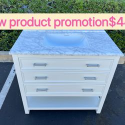 36”white single sink bathroom vanity with carrara white marble stone