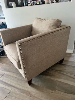 Beige Linen Club Chair with Nailhead Trim