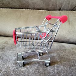 Miniature Replica Silver Red Metal Shopping Cart Rolls On Wheels! Foldable Seat!