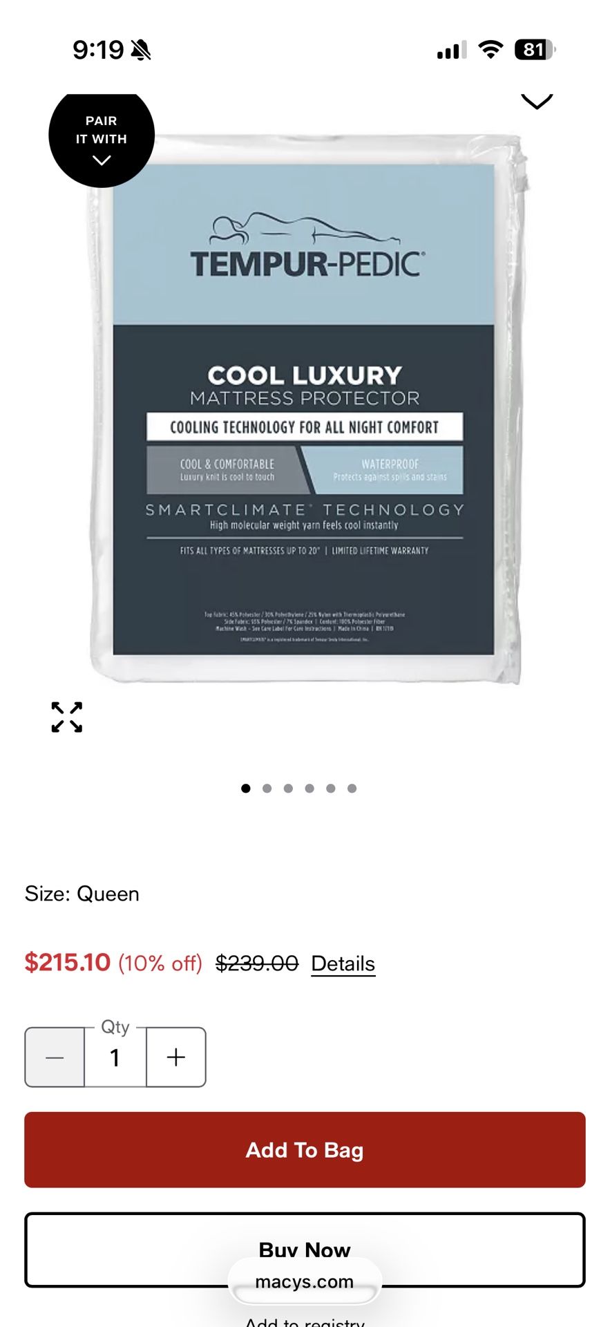 TEMPUR-PEDIC COOL LUXURY MATTRESS PROTECTOR (Queen)