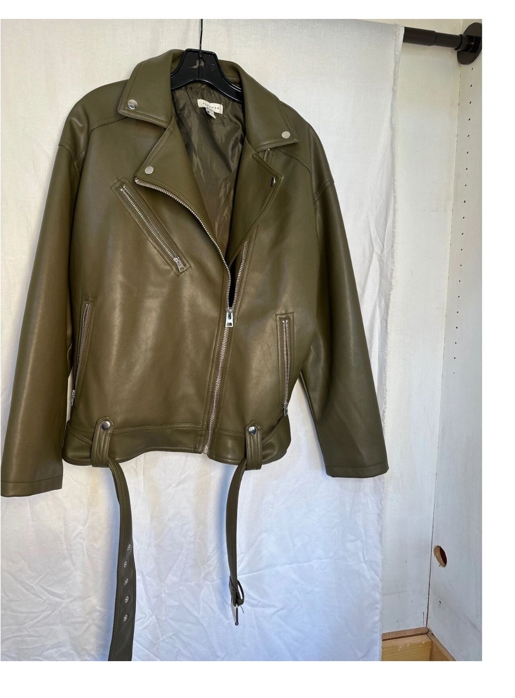 Topshop Olive Green Faux Leather Moto Biker Jacket Belted Size M