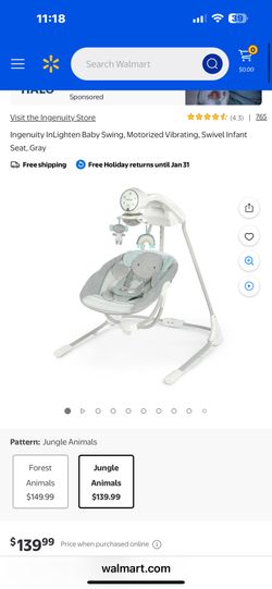 Ingenuity InLighten Baby Swing, Motorized Vibrating, Swivel Infant Seat, Gray