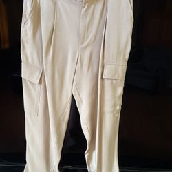 beige/tan color. These pants feature a relaxed fit with a tapered leg, an elasticized waistband at the back for comfort, and functional side cargo poc
