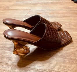 Brown Croc Embossed Heeled Mule Sandals