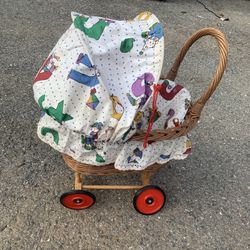 Antique Wicker Baby Doll Bassinet Buggy Carriage Stroller White/ Alphabet Joker