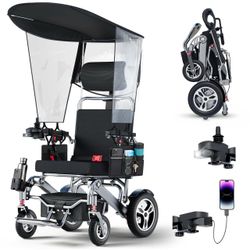 Foldable Lightweight Electric Wheelchairs for Adults, Portable Power Motorized Wheelchair with Detachable Canopy, 40 Miles Range, 600W Brushless Motor