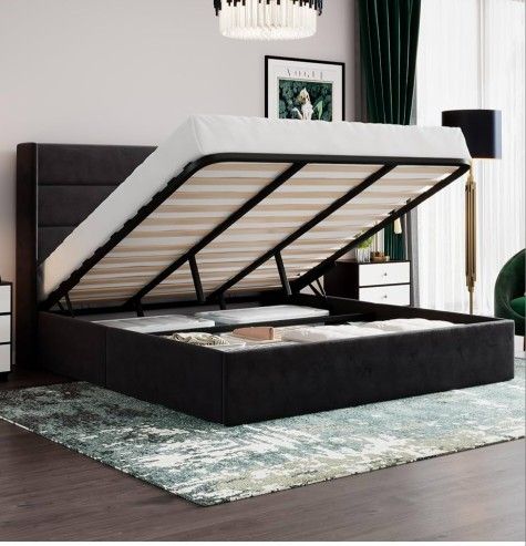 SHA CERLIN King Size Lift Up Storage Bed/Velvet Upholstered/Modern Wingback Headboard/Upholstered Platform Bed Frame/Hydraulic Storage/No Box Spring N