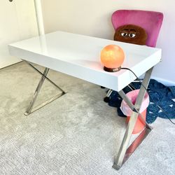 Modern Wooden Office Desk with Glossy White Finish And Chrome Legs