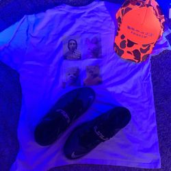 Supreme Graphic White Tee . Jordan Basketball Shoes. Broken Angels Neon Orange Hat 